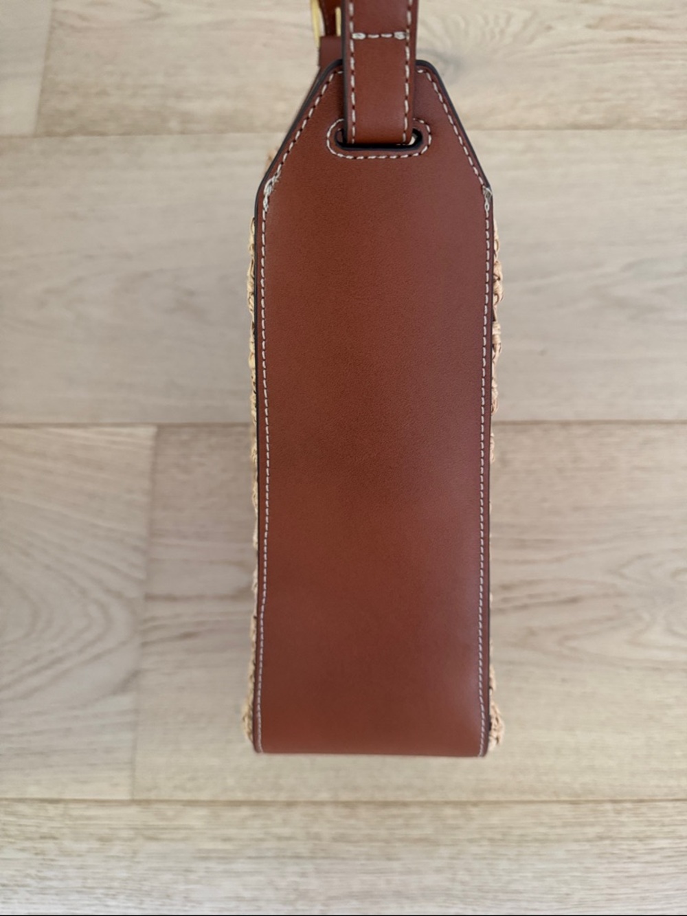 Mango Beige Woven Shoulder Bag w/Brown Leather Handle.Zipper & magnetic closure. - Picture 4 of 13